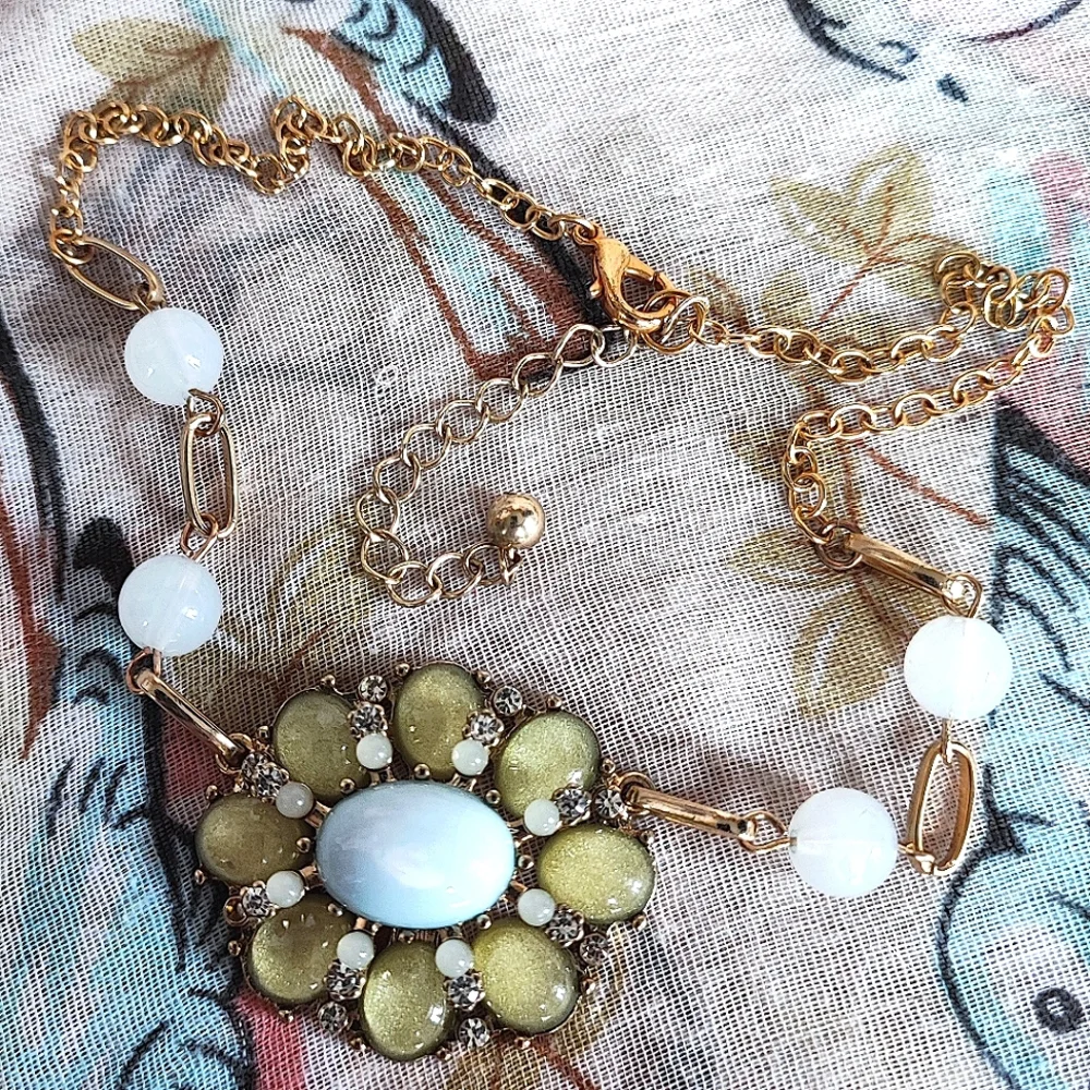 Pastel Mint Light Green Blue Rhinestone Creamy Opaque Vintage Necklace Gold Tone